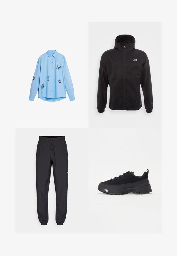 Chaqueta negra impermeable con cremallera completa, capucha ajustable, puños elásticos y un logo en el pecho; ligera, con textura suave.; Camisa de manga larga de color azul claro de algodón con diseños de animales bordados en negro en el frente y las mangas. Cuenta con un cuello de botones.; Pantalones deportivos negros hechos de un tejido ligero, con una cinturilla ajustable, bolsillos laterales y puños ajustados en los tobillos.; Zapatilla negra de exterior con parte superior de ante, suela de goma texturizada y un sólido sistema de cordones. Cuenta con un talón reforzado y el logotipo de la marca en el lateral.