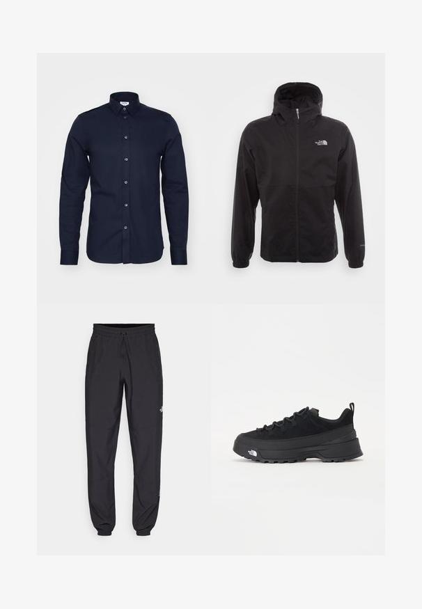 Črna vodotesna jakna s polnim zadrgo, nastavljivo kapuco, elastičnimi manšeti in logotipom na prsih; lahka, gladka tekstura.; Temno modra srajca z dolgimi rokavi iz bombaža, z ovratnikom na gumbe in sprednjimi gumbi. Ima gladko teksturo in oblikovan kroj.; Črne atletske hlače iz lahkega materiala, ki imajo elastični pas z vezalko, stranske žepe in zožene manšete na gležnjih.; Črne zunanje teniske s zgornjim delom iz usnja z nubukom, teksturiranim gumijastim podplatom in trdnim vezalnim sistemom. Imajo ojačan petni del in logotip blagovne znamke na strani.