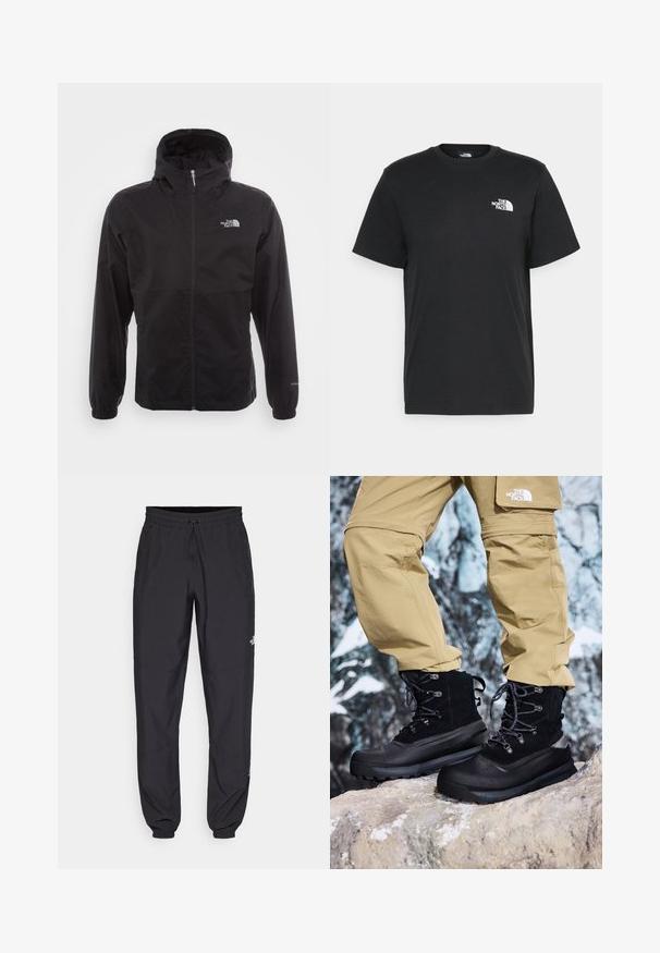 Juodas vandeniui atsparus švarkas su pilnu užtrauktuku, reguliuojama kapuce, elastingais rankogaliais ir logotipu ant krūtinės; lengvas, lygaus paviršiaus.; Juoda medvilninė marškinė su trumpomis rankovėmis, apvaliu iškirpimu ir maža balta logo kairėje krūtinės pusėje. Paprastas dizainas, lygi tekstūra ir laisvas pritaikymas.; Juodos sportinės kelnės, pagamintos iš lengvos medžiagos, su raišteliu liemens srityje, šoniniais kišenėmis ir siaurėjantys apykaklės prie kulkšnies.; Juodos nepralaidžios batai su tekstūruotu zomšiniu viršumi, sustiprinta nosimi ir guminėmis padangomis. Derinami su khaki spalvos užtrauktukinėmis žygio kelnėmis.