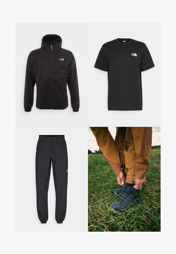 Črna vodotesna jakna s polnim zadrgo, nastavljivo kapuco, elastičnimi manšeti in logotipom na prsih; lahka, gladka tekstura.; Črna bombažna majica s kratkimi rokavi, okroglim izrezom in majhnim belim logotipom na levem prsnem delu. Preprost dizajn, gladka tekstura in sproščen kroj.; Črne atletske hlače iz lahkega materiala, ki imajo elastični pas z vezalko, stranske žepe in zožene manšete na gležnjih.; Črne pohodniške čevlje z teksturiranim zgornjim delom in vezalkami, oblečene z rjavimi vodoodpornimi hlačami, postavljene na zeleno travo pod oblačnim nebom.