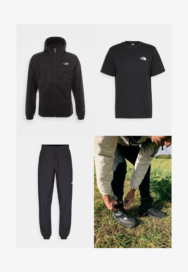 Must have veekindel must jope täispikksu lõpetusega, reguleeritava kapuutsiga, elastsete mansettide ning rinnal oleva logoga; kerge, sile tekstuur.; Musthave musta puuvillane T-särk lühikeste varrukatega, ümmargune kaelus ja väike valge logo vasakul rinnal. Lihtne disain, sile tekstuur ja mugav lõige.; Mustavad sportlikud püksid, mis on valmistatud kergest kangast, joonlauaga taljest, küljetaskudega ja kitsenevate varrukatega pahkluude juures.; Mustad mustasaapad tekstuurse nahk ülemise ja kummist tallaga. Kandja pingutab paelu seistes rohu peal.