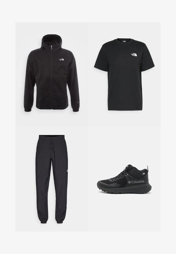 Černá nepromokavá bunda s celopropínacím zipem, nastavitelnou kapucí, elastickými manžetami a logem na hrudi; lehká, hladká textilie.; Černé bavlněné tričko s krátkými rukávy, kulatým výstřihem a malým bílým logem na levém hrudníku. Jednoduchý design, hladká textura a uvolněný střih.; Černé sportovní kalhoty vyrobené z lehké tkaniny, s páskem na šňůrku, bočními kapsami a zúženými manžetami na kotnících.; Černé turistické boty s mesh vrchní částí, texturovanými akcenty, polstrovanou podrážkou a výrazným logem. Obsahují bezpečný šněrovací systém a poutko pro snadné obouvání.