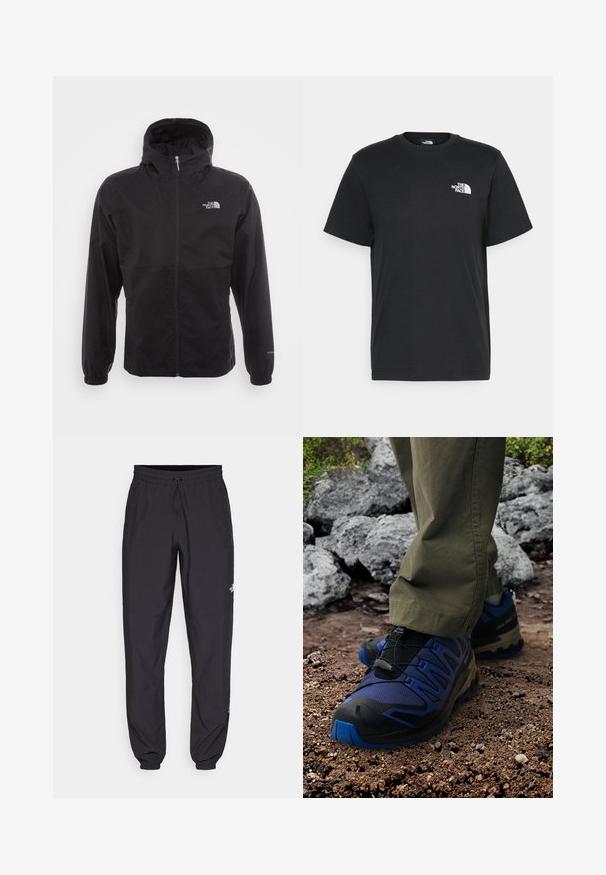 Svart vattentät jacka med full dragkedja, justerbar huva, elastiska ärmslut och en logotyp på bröstet; lätt och slät textur.; Svart bomull t-shirt med kort ärm, rund halsringning och en liten vit logga på vänster bröst. Enkelt design, mjuk textur och avslappnad passform.; Svarta träningsbyxor tillverkade av lättviktsmaterial, med dragsko i midjan, sidofickor och avsmalnande muddar vid anklarna.; Terrängskor med en svart och blå design, tillverkade av mesh och gummimaterial, med en texturerad yta och elastiskt snörningssystem, använda på stenig terräng.