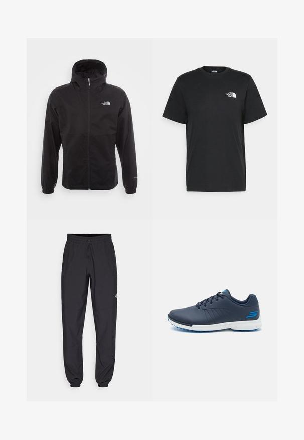 Juodas vandeniui atsparus švarkas su pilnu užtrauktuku, reguliuojama kapuce, elastingais rankogaliais ir logotipu ant krūtinės; lengvas, lygaus paviršiaus.; Juoda medvilninė marškinė su trumpomis rankovėmis, apvaliu iškirpimu ir maža balta logo kairėje krūtinės pusėje. Paprastas dizainas, lygi tekstūra ir laisvas pritaikymas.; Juodos sportinės kelnės, pagamintos iš lengvos medžiagos, su raišteliu liemens srityje, šoniniais kišenėmis ir siaurėjantys apykaklės prie kulkšnies.; Jūrų laivyno golfo batai su elegantišku dizainu, sintetinė viršutinė dalis, balta vidurinė dalis ir mėlyni guminiai smaigaliai. Yra perforacijos, užtikrinančios oro pralaidumą.