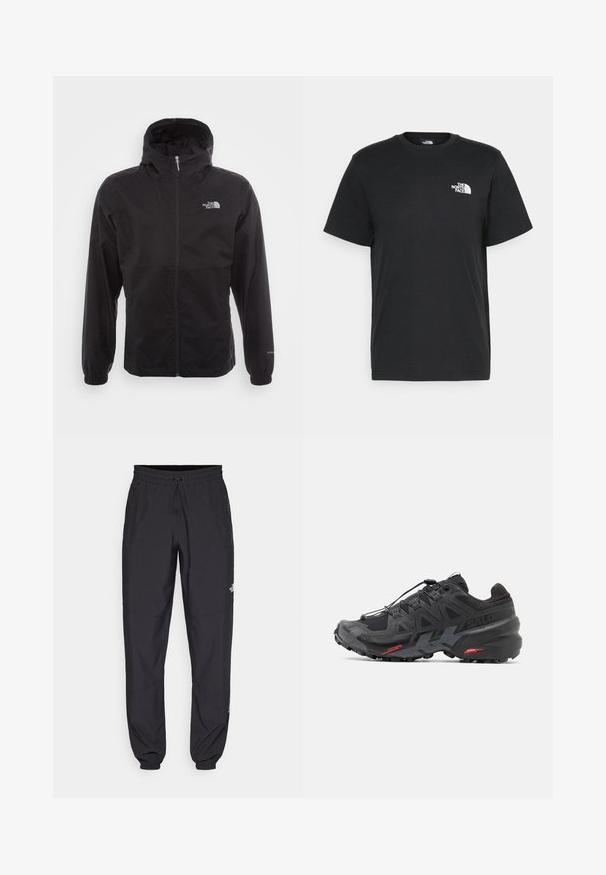 Musta vedenpitävä takki täysihihnalla, säädettävällä huppulla, joustavilla hihansuilla ja logolla rinnassa; kevyt, sileä pinta.; Musta puuvillainen t-paita lyhyillä hihoilla, pyöreällä kaula-aukkolla ja pienellä valkoisella logolla vasemmassa rinnassa. Yksinkertainen muotoilu, sileä pinta ja rento istuvuus.; Mustat urheiluhousut, jotka on valmistettu kevyestä kankaasta. Housuissa on naru vyötäröllä, sivutaskut ja kapenevat hihnat nilkoissa.; Musta juoksukengät, joissa on synteettinen päällinen, teksturoitu muotoilu ja kontrastivärit punaisina akentteina. Varustettu turvallisella nauhakiristyksellä ja karkealla pohjalla.