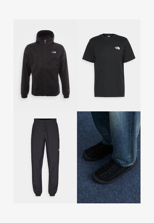 Schwarze wasserdichte Jacke mit durchgehendem Reißverschluss, verstellbarem Kapuzen, elastischen Bündchen und einem Logo auf der Brust; leicht und mit glatter Textur.; Schwarzes Baumwoll-T-Shirt mit kurzen Ärmeln, Rundhalsausschnitt und einem kleinen weißen Logo auf der linken Brust. Schlichtes Design, glatte Textur und lockere Passform.; Schwarze Sporthosen aus leichtem Stoff, mit einem Kordelzugbund, seitlichen Taschen und schmal zulaufenden Bündchen an den Knöcheln.; Schwarze Wildleder-Sneaker mit strukturiertem Obermaterial, dezenten Schnürsenkeln und haltbaren Gummisohlen, kombiniert mit blauen Jeans.