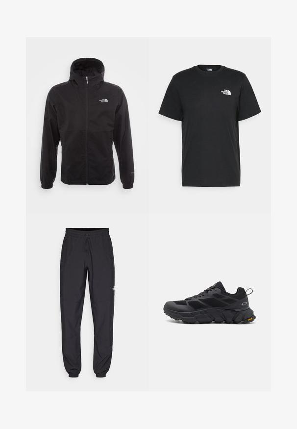 Must have veekindel must jope täispikksu lõpetusega, reguleeritava kapuutsiga, elastsete mansettide ning rinnal oleva logoga; kerge, sile tekstuur.; Musthave musta puuvillane T-särk lühikeste varrukatega, ümmargune kaelus ja väike valge logo vasakul rinnal. Lihtne disain, sile tekstuur ja mugav lõige.; Mustavad sportlikud püksid, mis on valmistatud kergest kangast, joonlauaga taljest, küljetaskudega ja kitsenevate varrukatega pahkluude juures.; Mustavad spordijalatsid tugeva tallaga, võrgust ja sünteetilisest materjalist pealispind, tekstuuriga aktsendid ning Vibram bränding tallal.