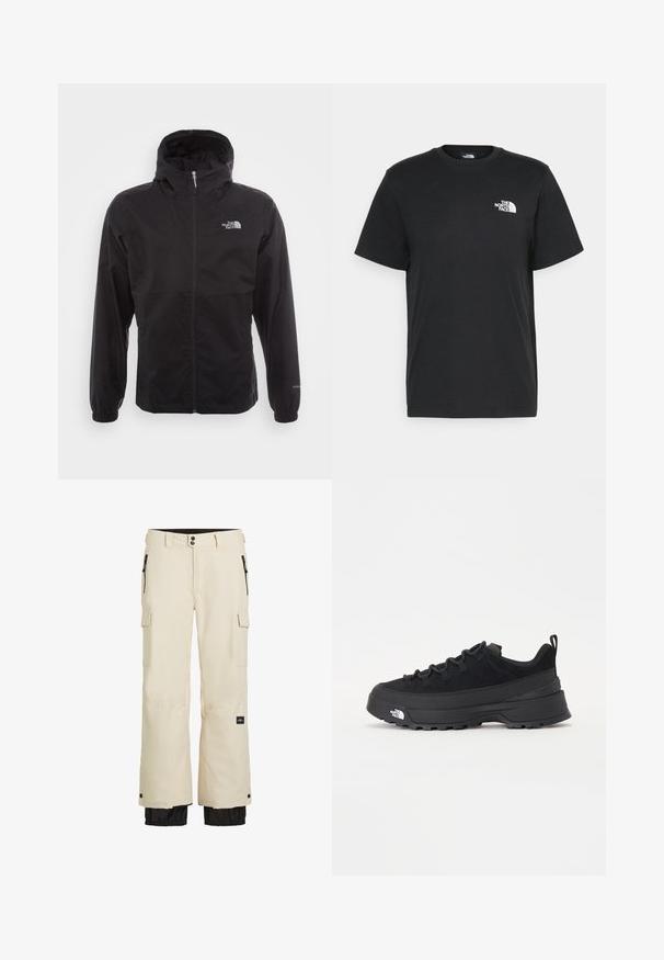 Zwarte waterdichte jack met volledige rits, verstelbare capuchon, elastische manchetten en een logo op de borst; lichtgewicht, gladde textuur.; Zwarte katoenen T-shirt met korte mouwen, ronde hals en een klein wit logo op de linkerkant van de borst. Eenvoudig ontwerp, gladde textuur en een comfortabele pasvorm.; Beige cargobroek met een zwarte ondersectie, voorzien van elastische boorden, meerdere zakken en een ritsluiting. Gemaakt van duurzaam, waterafstotend materiaal.; Zwarte outdoor sneaker met een suede bovenkant, een gestructureerde rubberen zool en een stevig vetersysteem. Heeft een versterkte hiel en een merklogo aan de zijkant.