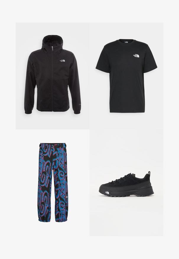 Jachetă neagră, impermeabilă, cu fermoar complet, glugă ajustabilă, manșete elastice și un logo pe piept; ușoară, cu o textură netedă.; Tricou negru din bumbac, cu mâneci scurte, guler rotund și un mic logo alb pe pieptul stâng. Design simplu, textură netedă și croială lejeră.; Pantaloni negri cu modele abstracte strălucitoare în albastru și roz. Au manșete elastice și un elastic cu două curele ajustabile și butoane.; Tenisi de exterior negri cu superior din daim, talpă din cauciuc texturat și sistem de șireturi solid. Prezintă un călcâi întărit și un logo al mărcii pe lateral.