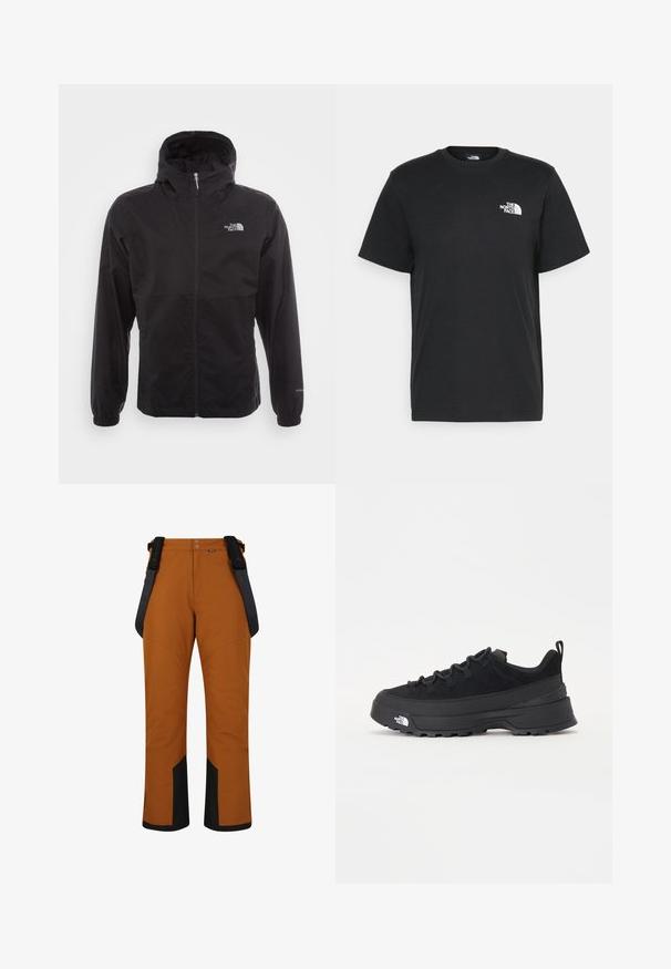 Svart vattentät jacka med full dragkedja, justerbar huva, elastiska ärmslut och en logotyp på bröstet; lätt och slät textur.; Svart bomull t-shirt med kort ärm, rund halsringning och en liten vit logga på vänster bröst. Enkelt design, mjuk textur och avslappnad passform.; Bruna vattentäta byxor med svarta detaljer, justerbara hängslen och en knappstängning. Har förstärkt sömnad och avsmalnande benöppningar.; Svart utomhussko med ovandel i mocka, texturerad gummisula och robust snörningssystem. Har en förstärkt häl och varumärkeslogotyp på sidan.