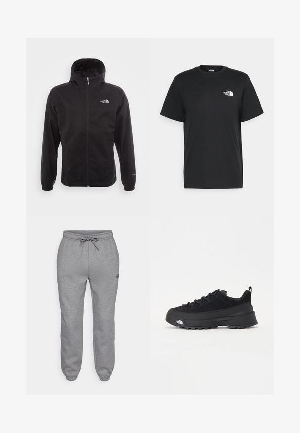 Jachetă neagră, impermeabilă, cu fermoar complet, glugă ajustabilă, manșete elastice și un logo pe piept; ușoară, cu o textură netedă.; Tricou negru din bumbac, cu mâneci scurte, guler rotund și un mic logo alb pe pieptul stâng. Design simplu, textură netedă și croială lejeră.; The North Face SIMPLE DOME REGULAR TAPERED JOGGER - Pantaloni de trening - medium grey heather; Tenisi de exterior negri cu superior din daim, talpă din cauciuc texturat și sistem de șireturi solid. Prezintă un călcâi întărit și un logo al mărcii pe lateral.