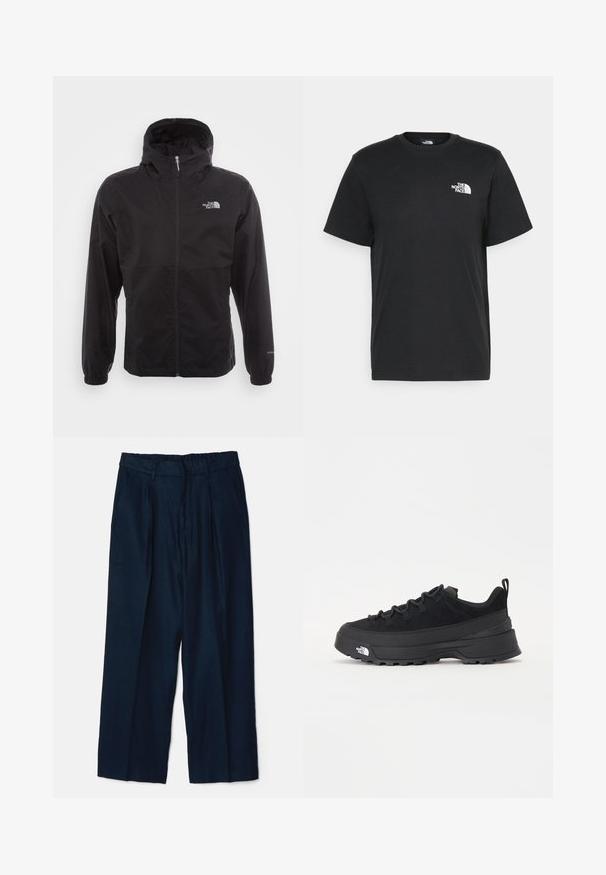 Svart vanntett jakke med full glidelås, justerbar hette, elastiske mansjetter og logo på brystet; lett, glatt tekstur.; Svart bomull t-skjorte med korte ermer, rund hals og en liten hvit logo på venstre bryst. Enkel design, glatt tekstur og avslappet passform.; NN.07 KAY - Bukse - navy blue; Svart utendørs sneakers med overdel i semsket skinn, teksturert gummisåle og solid snøresystem. Har forsterket hæl og merkevarelogo på siden.