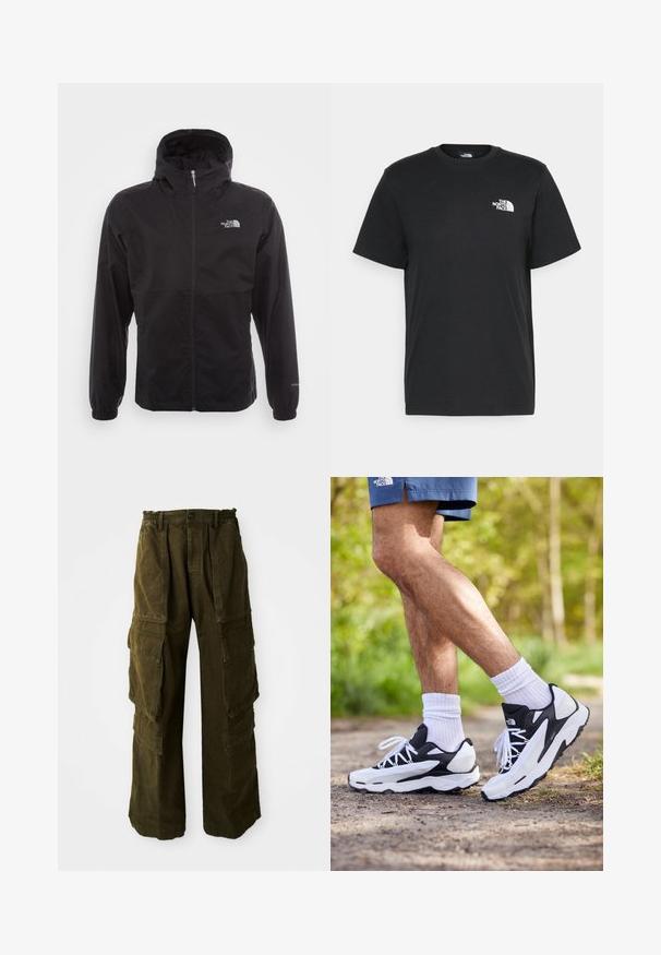 Musta vedenpitävä takki täysihihnalla, säädettävällä huppulla, joustavilla hihansuilla ja logolla rinnassa; kevyt, sileä pinta.; Musta puuvillainen t-paita lyhyillä hihoilla, pyöreällä kaula-aukkolla ja pienellä valkoisella logolla vasemmassa rinnassa. Yksinkertainen muotoilu, sileä pinta ja rento istuvuus.; Cargo-housut tummanoliivinvihreästä, teksturoitua puuvillaa. Varustettu joustavalla vyötärönauhalla, useilla sivutaskuilla ja väljällä leikkauksella.; Mustat ja valkoiset urheilukengät, joissa on verkkopinta, tekstuuriset yksityiskohdat ja valkoiset nauhat. Yhdistetty valkoisiin nilkkasukkiin ja laivaston sinisiin shortsireihin polulla.
