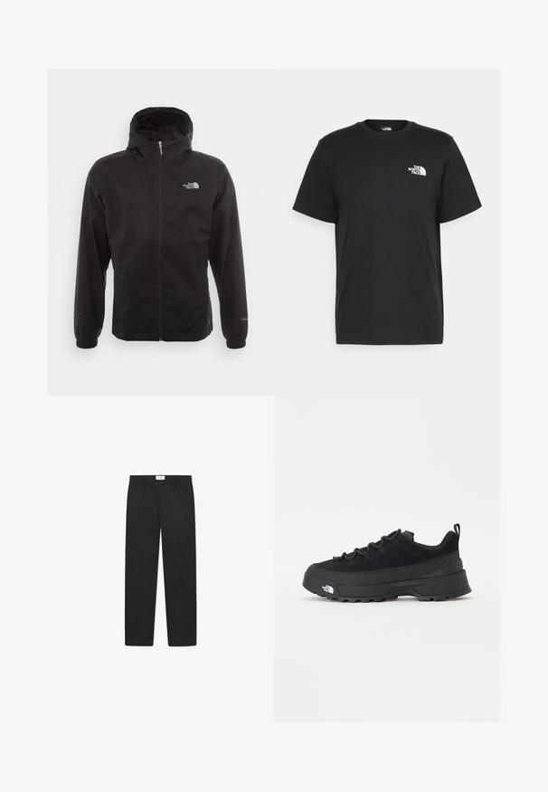 Veste noire imperméable avec une fermeture éclair intégrale, capuche ajustable, poignets élastiques et un logo sur la poitrine ; texture légère et lisse.; T-shirt en coton noir à manches courtes, col rond, avec un petit logo blanc sur la poitrine gauche. Design simple, texture lisse et coupe décontractée.; Pantalons noirs avec une coupe droite, fabriqués dans un tissu à texture lisse, dotés de deux poches avant et d'une taille standard.; Baskets de plein air noires avec une tige en daim, semelle en caoutchouc texturé et un système de laçage robuste. Comprend un talon renforcé et un logo de la marque sur le côté.