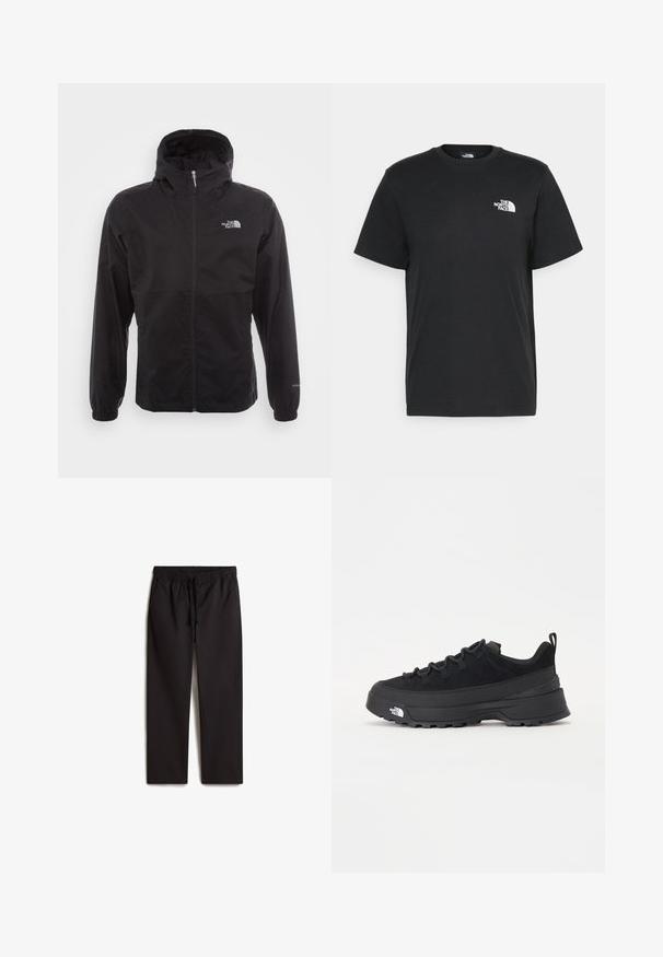 Black waterproof jacket with a full zip, adjustable hood, elastic cuffs, and a logo on the chest; lightweight, smooth texture.; Black cotton t-shirt with short sleeves, crew neck, and a small white logo on the left chest. Simple design, smooth texture, and relaxed fit.; Black, elastic-waist pants with a drawstring; straight leg design; smooth texture; featuring two side pockets.; Black outdoor sneaker with a suede upper, textured rubber sole, and sturdy lacing system. Features a reinforced heel and brand logo on the side.