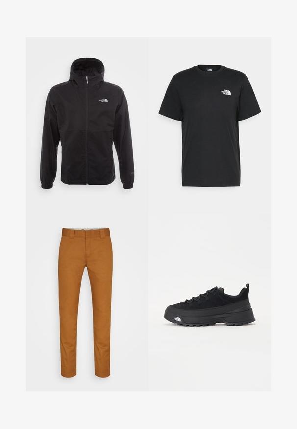 Giacca nera impermeabile con zip completa, cappuccio regolabile, polsini elasticizzati e logo sul petto; leggera, con texture liscia.; T-shirt nera in cotone con maniche corte, colletto a giro, e un piccolo logo bianco sul lato sinistro del petto. Design semplice, texture liscia e vestibilità rilassata.; Pantaloni in cotone marrone con taglio dritto, tasche frontali e una texture pulita e liscia. Presentano passanti per cintura e dettagli di cucitura discreti.; Sneaker da esterno nera con parte superiore in suede, suola in gomma testurizzata e robusto sistema di allacciatura. Presenta un tallone rinforzato e il logo del marchio sul lato.