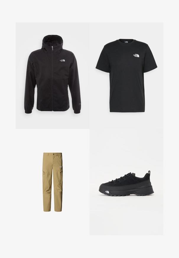 Schwarze wasserdichte Jacke mit durchgehendem Reißverschluss, verstellbarem Kapuzen, elastischen Bündchen und einem Logo auf der Brust; leicht und mit glatter Textur.; Schwarzes Baumwoll-T-Shirt mit kurzen Ärmeln, Rundhalsausschnitt und einem kleinen weißen Logo auf der linken Brust. Schlichtes Design, glatte Textur und lockere Passform.; Beige Outdoor-Hosen mit einem Reißverschluss-Cargotasche auf jeder Seite, einem knöpfbaren Bund und einem weichen, leichten Stoff.; Schwarzer Outdoorsneaker mit einem Obermaterial aus Wildleder, strukturierter Gummisohle und robustem Schnürsystem. Verfügt über eine verstärkte Ferse und das Markenlogo an der Seite.