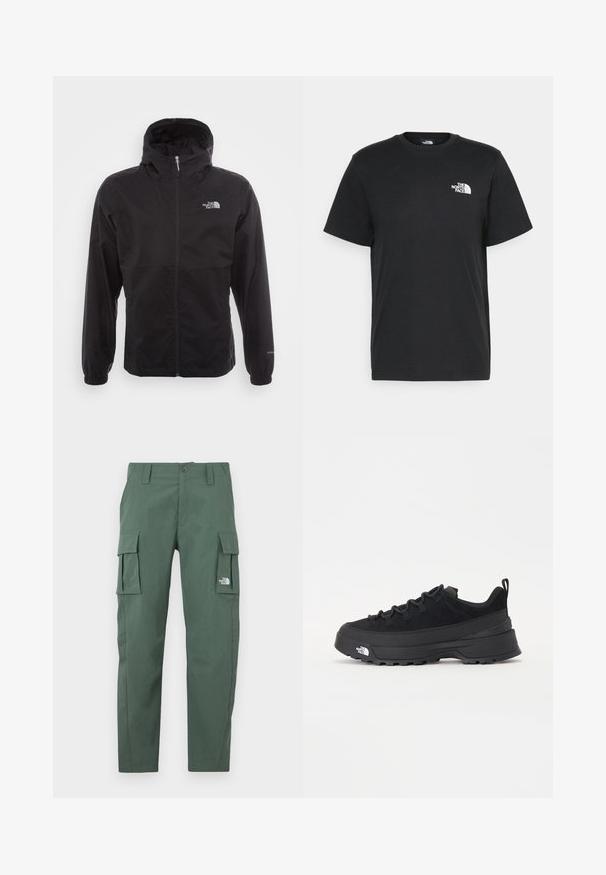 Μαύρο αδιάβροχο μπουφάν με πλήρες φερμουάρ, ρυθμιζόμενη κουκούλα, ελαστικές μανσέτες και λογότυπο στο στήθος; ελαφρύ, με λεία υφή.; Μαύρο βαμβακερό t-shirt με κοντά μανίκια, στρογγυλή λαιμόκοψη και μικρό λευκό λογότυπο στην αριστερή πλευρά του στήθους. Απλός σχεδιασμός, λείο υλικό και άνετη εφαρμογή.; Πράσινα cargo παντελόνια από υφασμάτινο υλικό με δύο πλάγιες θήκες cargo και μπροστινό φερμουάρ. Διαθέτουν κουμπί κλεισίματος και λογότυπο της μάρκας στη θήκη.; Μαύρο εξωτερικό αθλητικό παπούτσι με σουέτ άνω μέρος, υφασμένο καουτσούκ σόλα και ανθεκτικό σύστημα δέσης. Διαθέτει ενισχυμένη φτέρνα και λογότυπο της μάρκας στο πλάι.