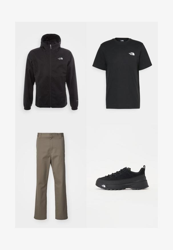 Μαύρο αδιάβροχο μπουφάν με πλήρες φερμουάρ, ρυθμιζόμενη κουκούλα, ελαστικές μανσέτες και λογότυπο στο στήθος; ελαφρύ, με λεία υφή.; Μαύρο βαμβακερό t-shirt με κοντά μανίκια, στρογγυλή λαιμόκοψη και μικρό λευκό λογότυπο στην αριστερή πλευρά του στήθους. Απλός σχεδιασμός, λείο υλικό και άνετη εφαρμογή.; Καφέ παντελόνι ευθείας γραμμής με βρόχους ζώνης, μπροστινό φερμουάρ και χωρίς ορατές τσέπες, παρουσιασμένο σε άσπρο φόντο.; Μαύρο εξωτερικό αθλητικό παπούτσι με σουέτ άνω μέρος, υφασμένο καουτσούκ σόλα και ανθεκτικό σύστημα δέσης. Διαθέτει ενισχυμένη φτέρνα και λογότυπο της μάρκας στο πλάι.