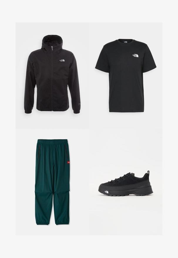 Czarna wodoodporna kurtka z pełnym zamkiem, regulowanym kapturem, elastycznymi mankietami i logo na piersi; lekka, gładka tekstura.; Czarna bawełniana koszulka z krótkimi rękawami, okrągłym dekoltem i małym białym logo na lewej piersi. Prosty design, gładka faktura i luźny krój.; Spodnie na zewnątrz w ciemnym turkusie, z elastycznym paskiem, dwiema zamykanymi na zamek kieszeniami bocznymi oraz elastycznymi mankietami przy kostkach. Lekki materiał.; Czarne sneakersy outdoorowe z zamszowym wierzchem, teksturowaną gumową podeszwą i solidnym systemem sznurowania. Posiadają wzmocnioną piętę oraz logo marki na boku.