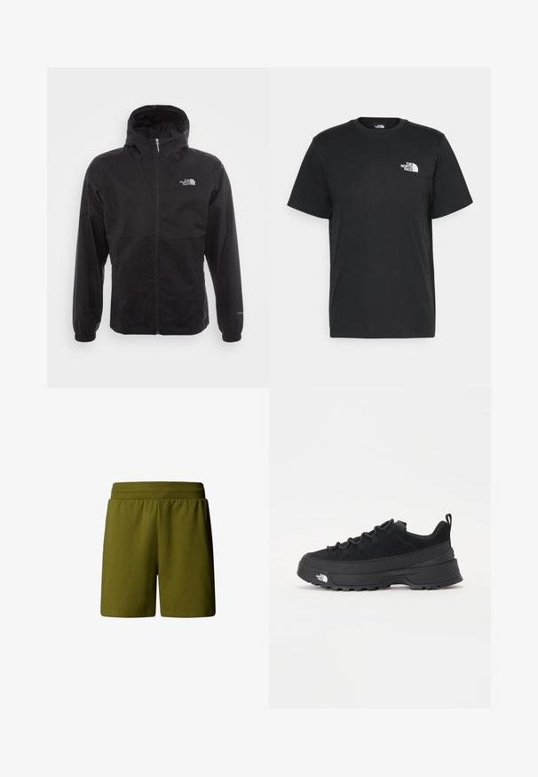 Black waterproof jacket with a full zip, adjustable hood, elastic cuffs, and a logo on the chest; lightweight, smooth texture.; Black cotton t-shirt with short sleeves, crew neck, and a small white logo on the left chest. Simple design, smooth texture, and relaxed fit.; Olive green, soft cotton shorts with an elastic waistband, featuring a relaxed fit and no visible pockets or embellishments.; Black outdoor sneaker with a suede upper, textured rubber sole, and sturdy lacing system. Features a reinforced heel and brand logo on the side.