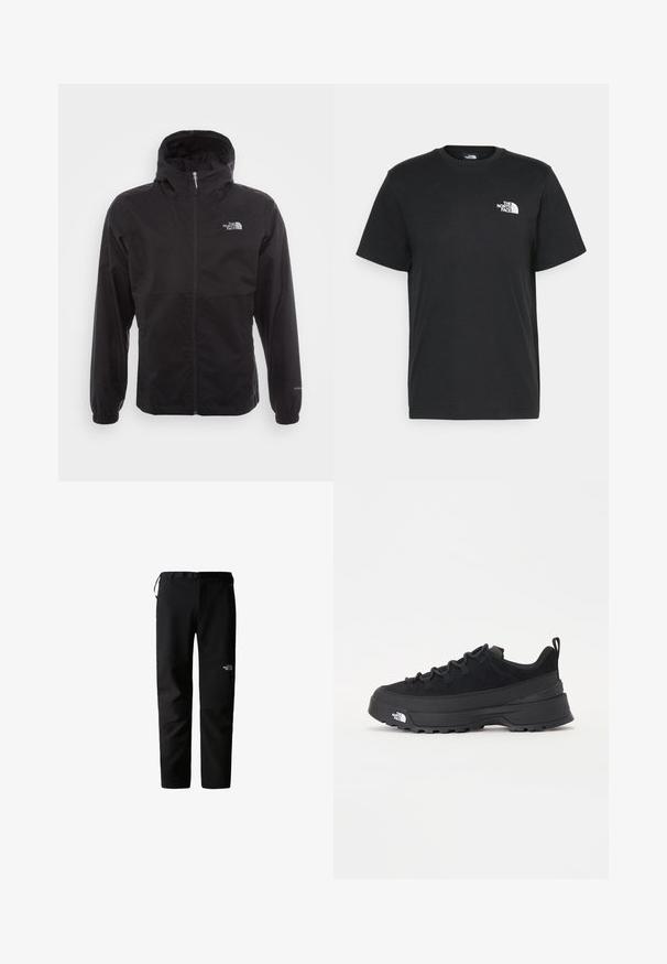 Črna vodotesna jakna s polnim zadrgo, nastavljivo kapuco, elastičnimi manšeti in logotipom na prsih; lahka, gladka tekstura.; Črna bombažna majica s kratkimi rokavi, okroglim izrezom in majhnim belim logotipom na levem prsnem delu. Preprost dizajn, gladka tekstura in sproščen kroj.; Črne zunanje hlače s sleek dizajnom, izdelane iz trpežnega, lahkega materiala. Vključujejo pas, stranske žepe in logo na stegnu.; Črne zunanje teniske s zgornjim delom iz usnja z nubukom, teksturiranim gumijastim podplatom in trdnim vezalnim sistemom. Imajo ojačan petni del in logotip blagovne znamke na strani.