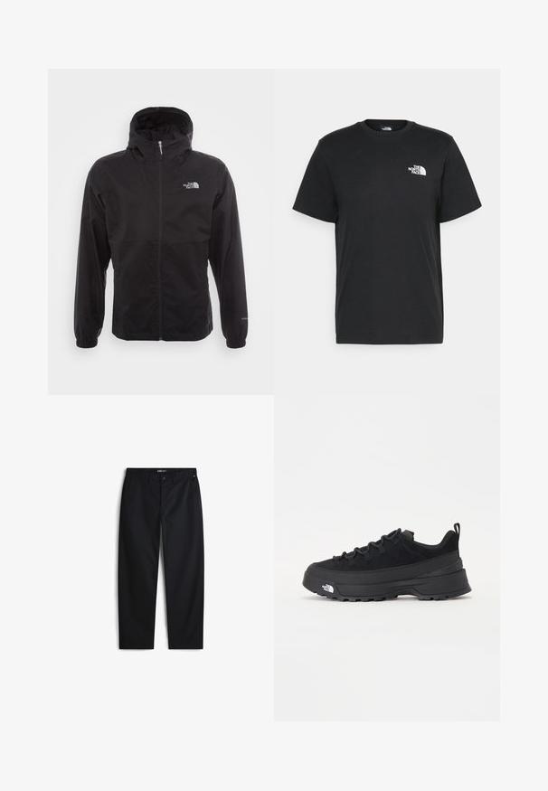 Black waterproof jacket with a full zip, adjustable hood, elastic cuffs, and a logo on the chest; lightweight, smooth texture.; Black cotton t-shirt with short sleeves, crew neck, and a small white logo on the left chest. Simple design, smooth texture, and relaxed fit.; Black trousers made of cotton blend fabric, featuring a straight-leg design, side pockets, and a button closure. No visible patterns or logos.; Black outdoor sneaker with a suede upper, textured rubber sole, and sturdy lacing system. Features a reinforced heel and brand logo on the side.