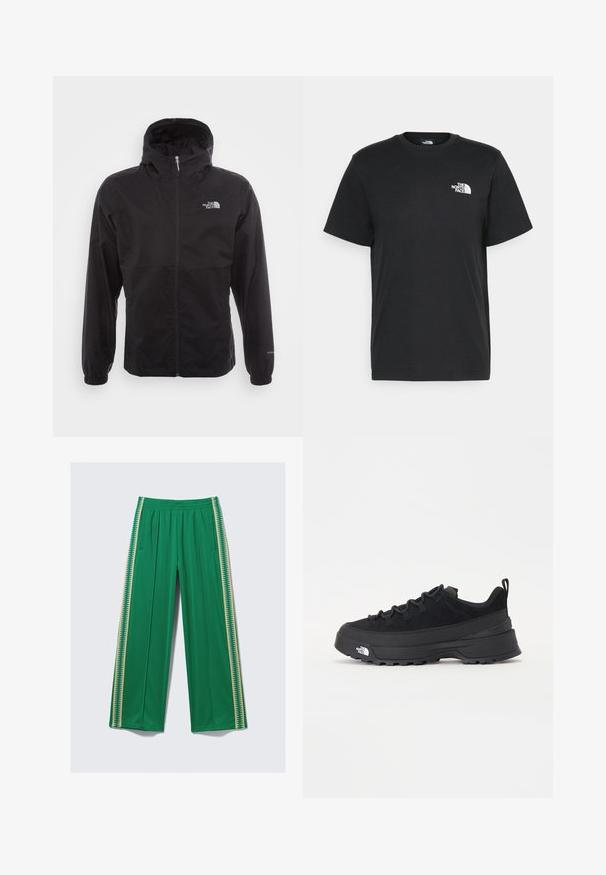 Casaco impermeável preto com fecho completo, capuz ajustável, punhos elásticos e um logótipo no peito; leve, com textura suave.; T-shirt de algodão preto com mangas curtas, decote redondo e um pequeno logótipo branco no lado esquerdo do peito. Design simples, textura suave e corte relaxado.; Calças verdes de perna larga, feitas de tecido macio, com cintura elástica e riscas laterais amarelas contrastantes com padrão em zig-zag.; Sapatilha de exterior preta com parte superior em camurça, sola de borracha texturizada e sistema de atacadores robusto. Apresenta um calcanhar reforçado e o logótipo da marca na lateral.