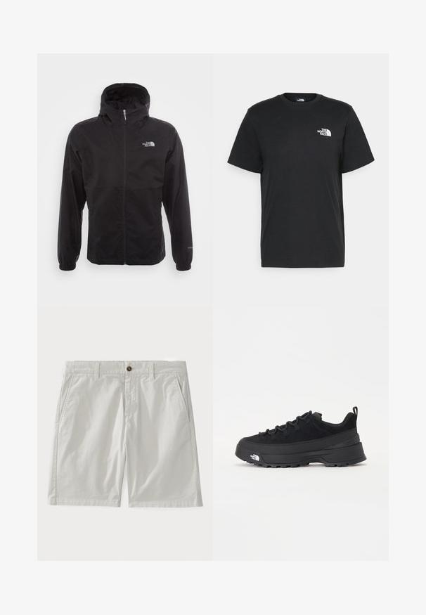Melna ūdensnecaurlaidīga jaka ar pilnu rāvējslēdzēju, regulējamu kapuci, elastīgām piedurknēm un logo uz krūtīm; viegla, gluda tekstūra.; Melna kokvilnas T-krekls ar īsām piedurknēm, apaļu kakla izgriezumu un mazu balto logotipu kreisajā krūtīs. Vienkāršs dizains, gluda tekstūra un brīvs piegriezums.; Baltas kokvilnas šorts ar pogu aizdari, jostas cilpiņām un sānu kabatām. Audums izskatās gluds ar klasisku, pielāgotu dizainu.; Melni āra sporta apavi ar zamšādas virsu, teksturētu gumijas zoli un izturīgu auklu sistēmu. Iezīmēts ar pastiprinātu papēdi un zīmola logo sānu daļā.