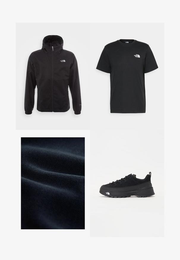 Jachetă neagră, impermeabilă, cu fermoar complet, glugă ajustabilă, manșete elastice și un logo pe piept; ușoară, cu o textură netedă.; Tricou negru din bumbac, cu mâneci scurte, guler rotund și un mic logo alb pe pieptul stâng. Design simplu, textură netedă și croială lejeră.; Țesătură de culoare bleumarin cu un model texturat, care prezintă pliuri moi și o finisare netedă, reflectând lumina într-un mod subtil.; Tenisi de exterior negri cu superior din daim, talpă din cauciuc texturat și sistem de șireturi solid. Prezintă un călcâi întărit și un logo al mărcii pe lateral.