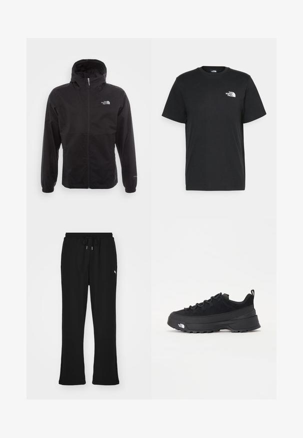 Svart vanntett jakke med full glidelås, justerbar hette, elastiske mansjetter og logo på brystet; lett, glatt tekstur.; Svart bomull t-skjorte med korte ermer, rund hals og en liten hvit logo på venstre bryst. Enkel design, glatt tekstur og avslappet passform.; Sorte joggebukser med elastisk midje og snor, med sidelommer og en subtil logo på venstre ben. Mykt stoff, flared fasong.; Svart utendørs sneakers med overdel i semsket skinn, teksturert gummisåle og solid snøresystem. Har forsterket hæl og merkevarelogo på siden.