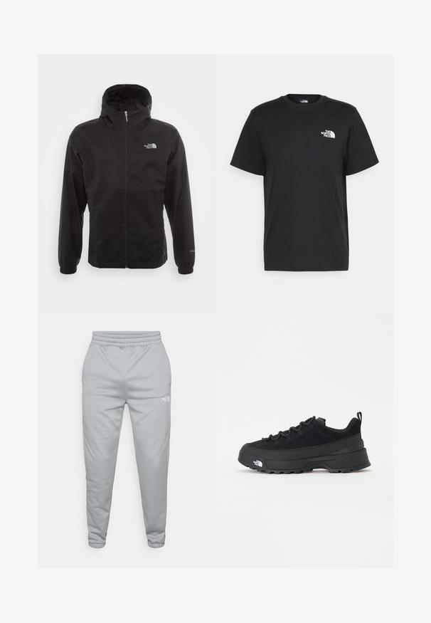 Chaqueta negra impermeable con cremallera completa, capucha ajustable, puños elásticos y un logo en el pecho; ligera, con textura suave.; Camiseta de algodón negro con mangas cortas, cuello redondo y un pequeño logo blanco en el lado izquierdo del pecho. Diseño simple, textura suave y ajuste relajado.; Pantalones jogger de color gris claro con una cinturilla elástica y tobillos ajustados. Presentan un pequeño logo blanco en el lado inferior. Material texturizado.; Zapatilla negra de exterior con parte superior de ante, suela de goma texturizada y un sólido sistema de cordones. Cuenta con un talón reforzado y el logotipo de la marca en el lateral.