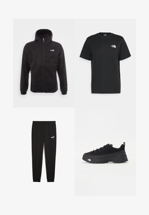 Black waterproof jacket with a full zip, adjustable hood, elastic cuffs, and a logo on the chest; lightweight, smooth texture.; Black cotton t-shirt with short sleeves, crew neck, and a small white logo on the left chest. Simple design, smooth texture, and relaxed fit.; Black sweatpants made of soft fabric, featuring an elastic waistband, side pockets, and a white Puma logo on the left side.; Black outdoor sneaker with a suede upper, textured rubber sole, and sturdy lacing system. Features a reinforced heel and brand logo on the side.