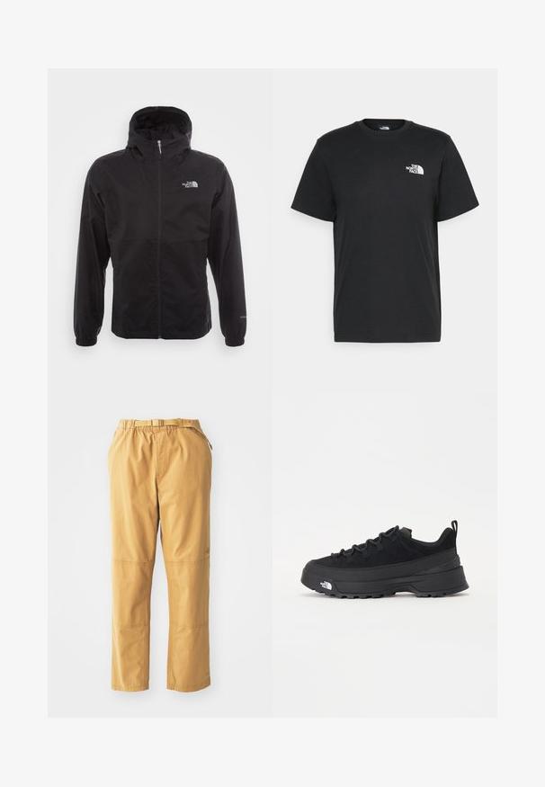 Črna vodotesna jakna s polnim zadrgo, nastavljivo kapuco, elastičnimi manšeti in logotipom na prsih; lahka, gladka tekstura.; Črna bombažna majica s kratkimi rokavi, okroglim izrezom in majhnim belim logotipom na levem prsnem delu. Preprost dizajn, gladka tekstura in sproščen kroj.; Khaki kargo hlače s sproščenim krojem, ki imajo elastičen pas z obročem, stranske žepe in ojačane kolenske Patches.; Črne zunanje teniske s zgornjim delom iz usnja z nubukom, teksturiranim gumijastim podplatom in trdnim vezalnim sistemom. Imajo ojačan petni del in logotip blagovne znamke na strani.