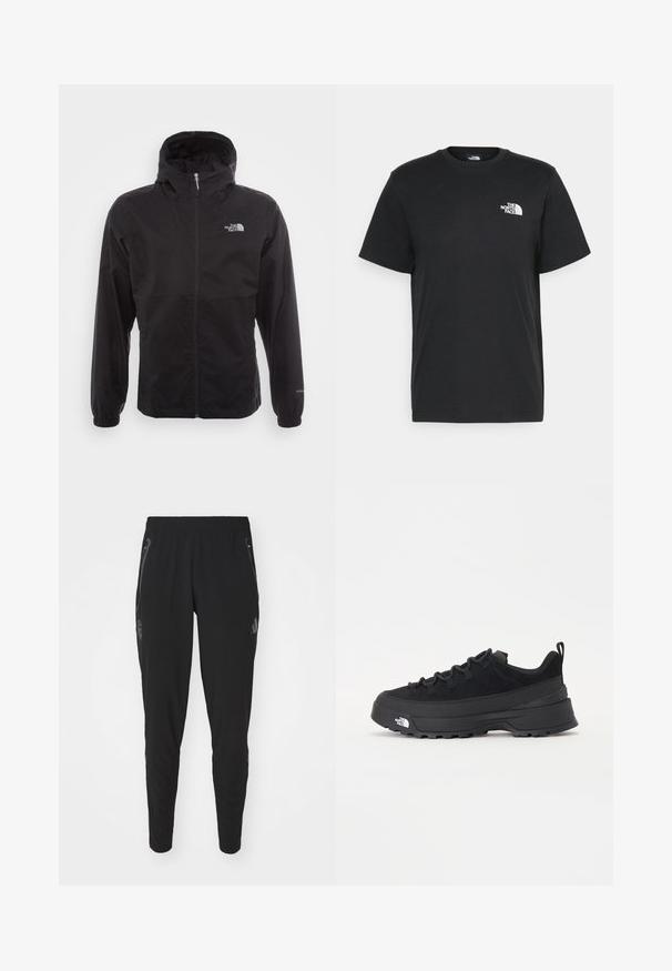 Black waterproof jacket with a full zip, adjustable hood, elastic cuffs, and a logo on the chest; lightweight, smooth texture.; Black cotton t-shirt with short sleeves, crew neck, and a small white logo on the left chest. Simple design, smooth texture, and relaxed fit.; Black athletic pants with a tapered fit. Features include an elastic waistband, side zip pockets, and a logo on the left leg. Smooth texture.; Black outdoor sneaker with a suede upper, textured rubber sole, and sturdy lacing system. Features a reinforced heel and brand logo on the side.
