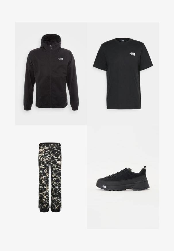 Crna vodootporna jakna s punim patentnim zatvaračem, podesivim kapuljačom, elastičnim manžetama i logom na prsima; lagana, glatke teksture.; Crna pamučna majica s kratkim rukavima, okruglim izrezom i malim bijelim logotipom na lijevoj strani prsa. Jednostavan dizajn, glatka tekstura i opušteni kroj.; Crne vodootporne snježne hlače s uzorkom prskanja u krem i smešnoj boji. Imaju elastične manžete i podesiv struk.; Crne vanjske tenisice s gornjim dijelom od antilopa, teksturiranim gumenim potplatom i čvrstim sustavom vezanja. Imaju ojačan petni deo i logo brenda sa strane.