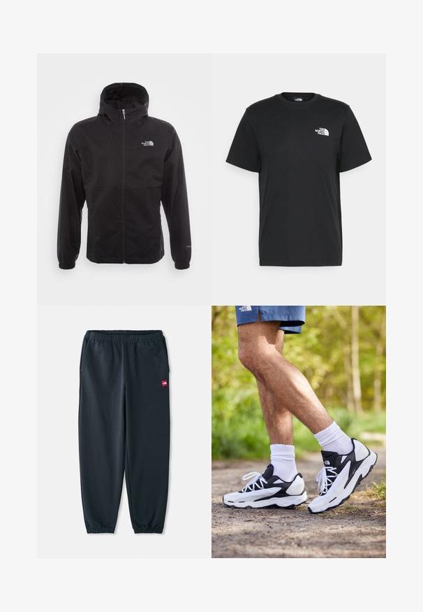 Black waterproof jacket with a full zip, adjustable hood, elastic cuffs, and a logo on the chest; lightweight, smooth texture.; Black cotton t-shirt with short sleeves, crew neck, and a small white logo on the left chest. Simple design, smooth texture, and relaxed fit.; Black jogger pants made of smooth fabric, featuring an elastic waistband, ankle cuffs, and a small red logo patch on the side.; Black and white athletic shoes with mesh upper, textured accents, and white laces. Worn with white ankle socks and navy shorts on a path.