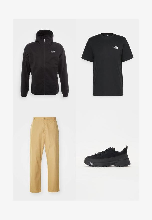 Black waterproof jacket with a full zip, adjustable hood, elastic cuffs, and a logo on the chest; lightweight, smooth texture.; Black cotton t-shirt with short sleeves, crew neck, and a small white logo on the left chest. Simple design, smooth texture, and relaxed fit.; Khaki chinos made of lightweight fabric with a straight leg design, featuring a front button closure and side pockets.; Black outdoor sneaker with a suede upper, textured rubber sole, and sturdy lacing system. Features a reinforced heel and brand logo on the side.