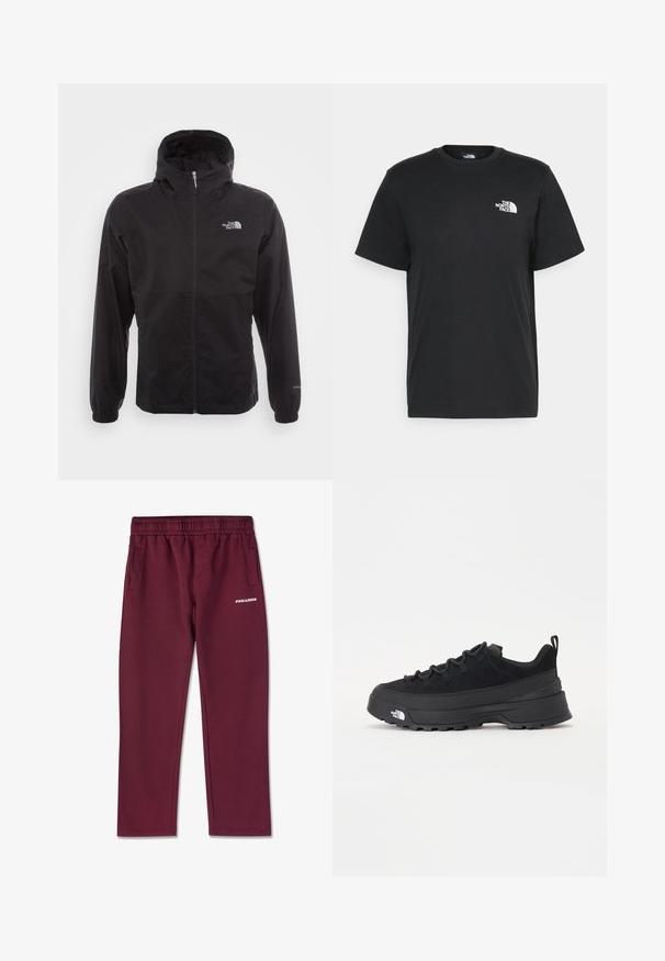 Black waterproof jacket with a full zip, adjustable hood, elastic cuffs, and a logo on the chest; lightweight, smooth texture.; Black cotton t-shirt with short sleeves, crew neck, and a small white logo on the left chest. Simple design, smooth texture, and relaxed fit.; Maroon sweatpants made of soft fabric, featuring an elastic waistband, two side pockets, and a white PEGAEXPOR logo on the front.; Black outdoor sneaker with a suede upper, textured rubber sole, and sturdy lacing system. Features a reinforced heel and brand logo on the side.