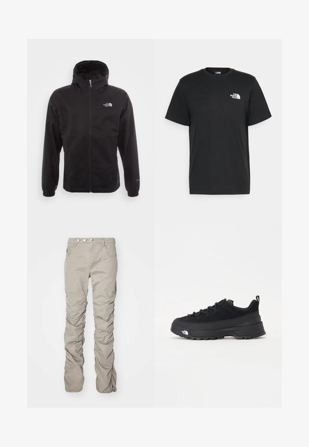 Černá nepromokavá bunda s celopropínacím zipem, nastavitelnou kapucí, elastickými manžetami a logem na hrudi; lehká, hladká textilie.; Černé bavlněné tričko s krátkými rukávy, kulatým výstřihem a malým bílým logem na levém hrudníku. Jednoduchý design, hladká textura a uvolněný střih.; Béžové kalhoty z texturované tkaniny s řaseným designem, mají zapínání na knoflíky, pět kapes a rovný střih.; Černé venkovní tenisky s horní částí ze semiše, texturovanou gumovou podrážkou a pevným šněrováním. Obsahují zesílenou patu a logo značky na boku.