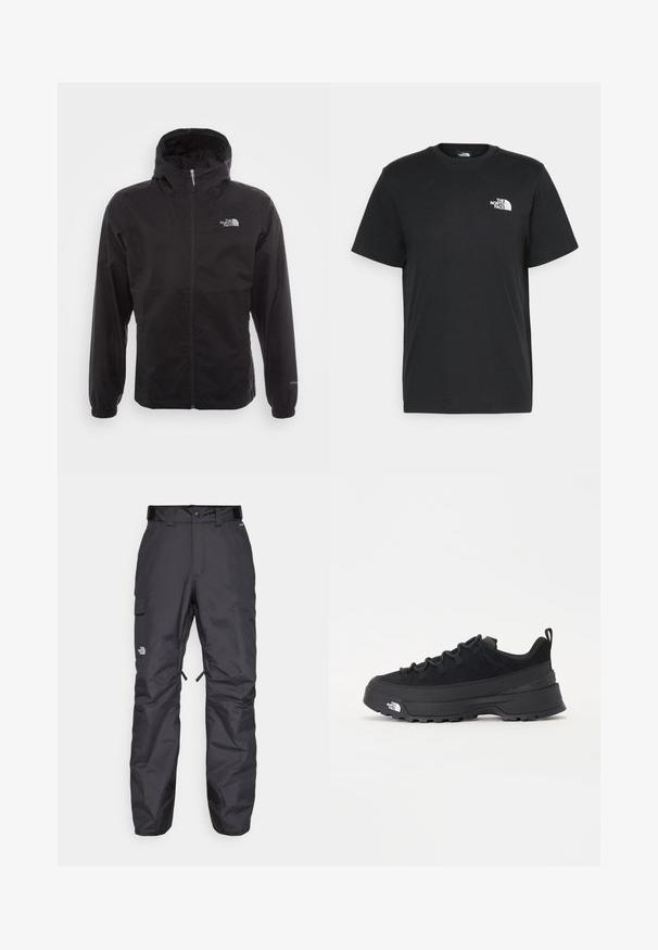 Schwarze wasserdichte Jacke mit durchgehendem Reißverschluss, verstellbarem Kapuzen, elastischen Bündchen und einem Logo auf der Brust; leicht und mit glatter Textur.; Schwarzes Baumwoll-T-Shirt mit kurzen Ärmeln, Rundhalsausschnitt und einem kleinen weißen Logo auf der linken Brust. Schlichtes Design, glatte Textur und lockere Passform.; Schwarze wasserdichte Hosen mit geradem Schnitt, verstellbarem Bund, seitlicher Cargo-Tasche und verstärkten Beinstücken. Markenlogo auf dem Oberschenkel.; Schwarzer Outdoorsneaker mit einem Obermaterial aus Wildleder, strukturierter Gummisohle und robustem Schnürsystem. Verfügt über eine verstärkte Ferse und das Markenlogo an der Seite.