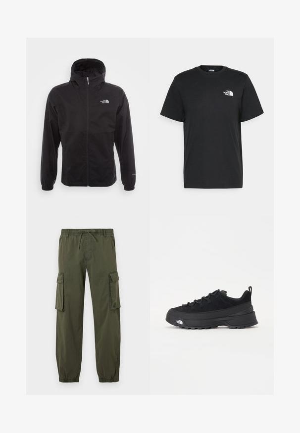 Musta vedenpitävä takki täysihihnalla, säädettävällä huppulla, joustavilla hihansuilla ja logolla rinnassa; kevyt, sileä pinta.; Musta puuvillainen t-paita lyhyillä hihoilla, pyöreällä kaula-aukkolla ja pienellä valkoisella logolla vasemmassa rinnassa. Yksinkertainen muotoilu, sileä pinta ja rento istuvuus.; Oliivinvihreät cargo-housut, jotka on valmistettu kevyestä kankaasta. Elastinen vyötärö nauhalla, kaksi sivutaskua ja kaksi cargo-taskua reiden kohdalla.; Mustamustad välisjalanõud suede ülemise, tekstuuriga kummist tallaga ja tugeva paelaga. Varustatud tugevdatud kanna ja brändi logoga külgedel.