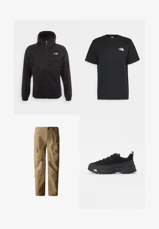 Black waterproof jacket with a full zip, adjustable hood, elastic cuffs, and a logo on the chest; lightweight, smooth texture.; Black cotton t-shirt with short sleeves, crew neck, and a small white logo on the left chest. Simple design, smooth texture, and relaxed fit.; The North Face EXPLORATION - Trousers - kelp tan npf; Black outdoor sneaker with a suede upper, textured rubber sole, and sturdy lacing system. Features a reinforced heel and brand logo on the side.