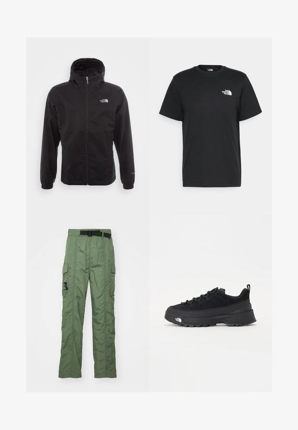 Čierna nepremokavá bunda s plným zipsom, nastaviteľnou kapucňou, elastickými manžetami a logom na hrudi; ľahká, s hladkou textúrou.; Čierne bavlnené tričko s krátkymi rukávmi, klasickým výstrihom a malým bielym logom na ľavej hrudi. Jednoduchý dizajn, hladká textúra a voľný strih.; Cargo nohavice v olivovo zelenej farbe, vyrobené z ľahkého materiálu. Obsahujú čierny opasok, cargo vrecká po stranách a detaily šitia.; Čierne vonkajšie tenisky so zvrškom z semišu, štruktúrovanou gumovou podrážkou a pevným šnurovaním. Obsahujú vystužený opätok a logo značky na boku.