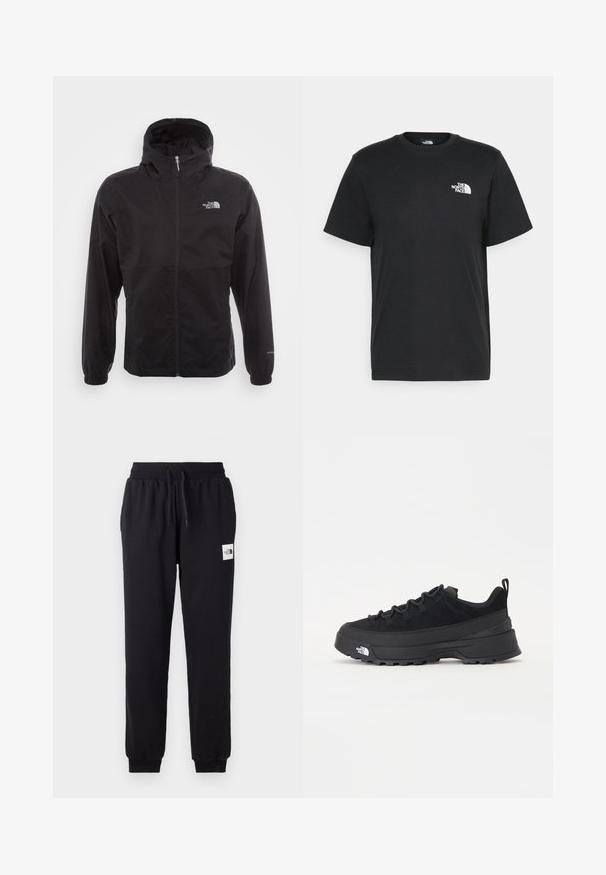 Musta vedenpitävä takki täysihihnalla, säädettävällä huppulla, joustavilla hihansuilla ja logolla rinnassa; kevyt, sileä pinta.; Musta puuvillainen t-paita lyhyillä hihoilla, pyöreällä kaula-aukkolla ja pienellä valkoisella logolla vasemmassa rinnassa. Yksinkertainen muotoilu, sileä pinta ja rento istuvuus.; Mustat verkkarit pehmeästä kankaasta, joissa on joustava vyötärö, säädettävä nauha ja pieni valkoinen logo ylemmässä jalassa.; Mustamustad välisjalanõud suede ülemise, tekstuuriga kummist tallaga ja tugeva paelaga. Varustatud tugevdatud kanna ja brändi logoga külgedel.