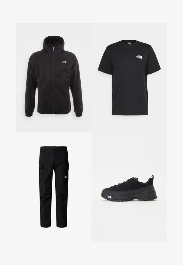 Casaco impermeável preto com fecho completo, capuz ajustável, punhos elásticos e um logótipo no peito; leve, com textura suave.; T-shirt de algodão preto com mangas curtas, decote redondo e um pequeno logótipo branco no lado esquerdo do peito. Design simples, textura suave e corte relaxado.; Calças cargo pretas feitas de um tecido durável, apresentando múltiplos bolsos laterais, um fecho de botão e um pequeno logótipo na coxa.; Sapatilha de exterior preta com parte superior em camurça, sola de borracha texturizada e sistema de atacadores robusto. Apresenta um calcanhar reforçado e o logótipo da marca na lateral.