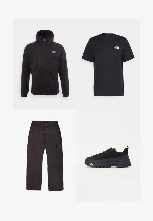 Černá nepromokavá bunda s celopropínacím zipem, nastavitelnou kapucí, elastickými manžetami a logem na hrudi; lehká, hladká textilie.; Černé bavlněné tričko s krátkými rukávy, kulatým výstřihem a malým bílým logem na levém hrudníku. Jednoduchý design, hladká textura a uvolněný střih.; Cargo kalhoty ve tmavě šedé látce s několika kapsami, předním zapínáním na knoflík a vyšitými detaily podél švů. Ploché přední části a volný střih.; Černé venkovní tenisky s horní částí ze semiše, texturovanou gumovou podrážkou a pevným šněrováním. Obsahují zesílenou patu a logo značky na boku.