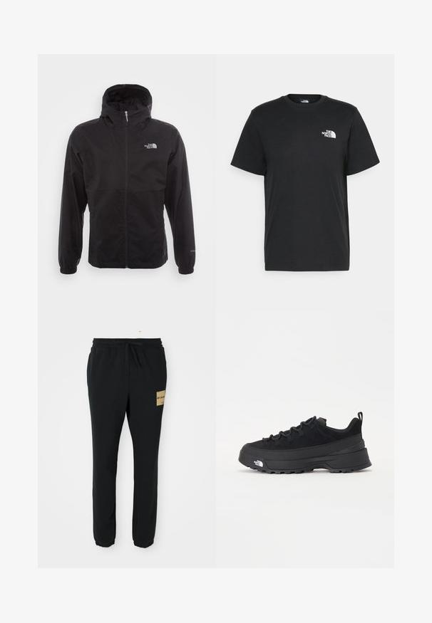 Svart vanntett jakke med full glidelås, justerbar hette, elastiske mansjetter og logo på brystet; lett, glatt tekstur.; Svart bomull t-skjorte med korte ermer, rund hals og en liten hvit logo på venstre bryst. Enkel design, glatt tekstur og avslappet passform.; Svarte taperede joggebukser med elastisk liv, snøring, mansjetterte ankler og et beige Columbia-logo merke på høyre lår.; Svart utendørs sneakers med overdel i semsket skinn, teksturert gummisåle og solid snøresystem. Har forsterket hæl og merkevarelogo på siden.