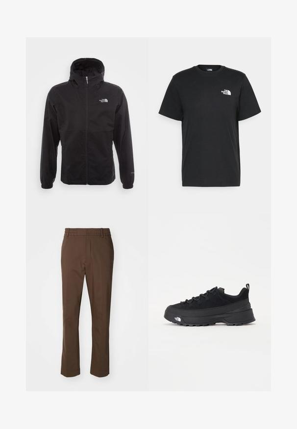 Juodas vandeniui atsparus švarkas su pilnu užtrauktuku, reguliuojama kapuce, elastingais rankogaliais ir logotipu ant krūtinės; lengvas, lygaus paviršiaus.; Juoda medvilninė marškinė su trumpomis rankovėmis, apvaliu iškirpimu ir maža balta logo kairėje krūtinės pusėje. Paprastas dizainas, lygi tekstūra ir laisvas pritaikymas.; NN.07 BILLIE - Kelnės - brown; Juodas lauko sportinis batelis su zomšiniu viršumi, tekstūruota guma padais ir tvirtas raištelių sistema. Yra sustiprinta kulno dalis ir prekės ženklo logotipas šone.