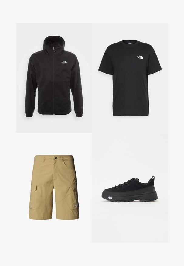 Giacca nera impermeabile con zip completa, cappuccio regolabile, polsini elasticizzati e logo sul petto; leggera, con texture liscia.; T-shirt nera in cotone con maniche corte, colletto a giro, e un piccolo logo bianco sul lato sinistro del petto. Design semplice, texture liscia e vestibilità rilassata.; Pantaloni cargo beige realizzati in tessuto leggero, dotati di due tasche laterali e due tasche cargo. Include una chiusura con bottone e passanti per cintura.; Sneaker da esterno nera con parte superiore in suede, suola in gomma testurizzata e robusto sistema di allacciatura. Presenta un tallone rinforzato e il logo del marchio sul lato.